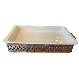 Silverplate Hollywood Regency Basketweave w Bamboo Handles Serving & Baking Dish